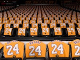 The Los Angeles Lakers honor the late Kobe Bryant by laying out t-shirts on every seat in the arena for the game against the Portland Trail Blazers at Staples Center on February 1, 2020