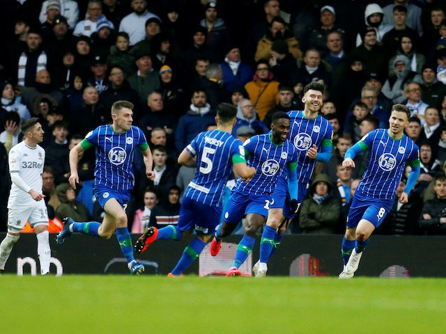 Wigan players celebrate their goal against Leeds on February 1, 2020