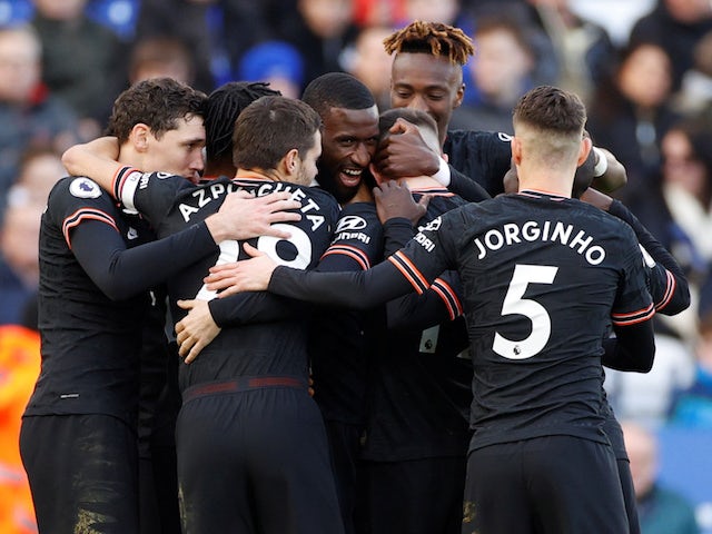Chelsea's Antonio Rudiger celebrates scoring their first goal with teammates on February 1, 2020