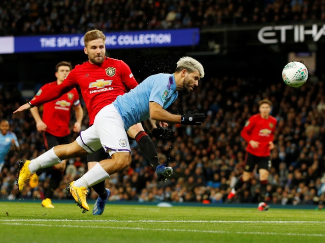 Manchester City's Sergio Aguero sees a header saved against Manchester United in the EFL Cup on January 29, 2020.