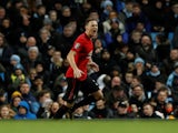 Nemanja Matic celebrates scoring for Manchester United against Manchester City in the EFL Cup on January 29, 2020.