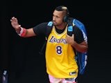 Nick Kyrgios wears a Lakers shirt in tribute to Kobe Bryant on January 27, 2020