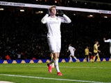 Leeds' Patrick Bamford celebrates scoring their third goal on January 28, 2020