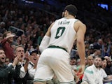 Boston Celtics forward Jayson Tatum (0) looks towards the fans after hitting a three point basket against the Atlanta Hawks during the second half at TD Garden on February 8, 2020