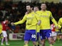 Birmingham City's Scott Hogan celebrates scoring their first goal with teammates on February 11, 2020