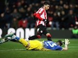 Brentford's Said Benrahma scores their first goal against Leeds on February 11, 2020