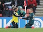 Burnley's Matej Vydra celebrates scoring their second goal with Aaron Lennon on February 15, 2020