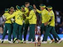 South Africa players celebrate after winning the match on February 12, 2020