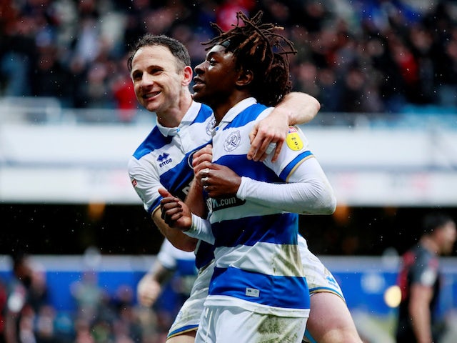 Queens Park Rangers' Eberechi Eze celebrates scoring their second goal with Marc Pugh on February 15, 2020