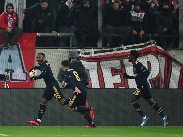 Arsenal's Alexandre Lacazette celebrates scoring their first goal on February 20, 2020