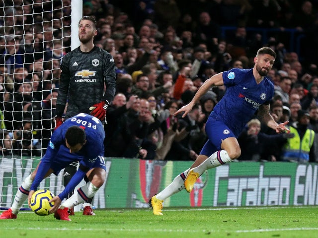 Olivier Giroud celebrates after scoring a goal that was later disallowed in Chelsea's defeat to Manchester United on February 17, 2020