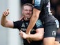 Exeter Chiefs' Sam Simmonds celebrates scoring their eighth try on February 23, 2020