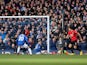 A shot from Everton's Dominic Calvert-Lewin deflects off Manchester United's Harry Maguire into the net before the goal is disallowed for offside against Everton's Gylfi Sigurdsson on March 1, 2020