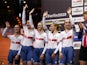Silver medallists Great Britain's Elinor Barker, Katie Archibald, Eleanor Dickinson, Laura Kenny and Neah Evans celebrate on the podium on February 27, 2020