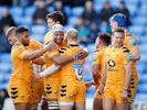 Wasps players celebrate a try on March 1, 2020