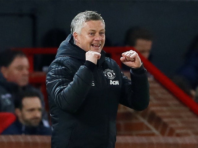 Manchester United manager Ole Gunnar Solskjaer celebrates their second goal scored by Odion Ighalo on February 27, 2020