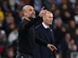 Manchester City manager Pep Guardiola reacts alongside Real Madrid coach Zinedine Zidane on February 26, 2020
