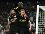Manchester City's Kevin De Bruyne celebrates scoring their second goal with Riyad Mahrez and Benjamin Mendy on February 26, 2020