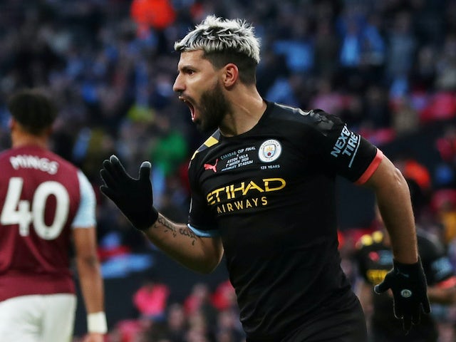 Sergio Aguero celebrates scoring for Man City in the EFL Cup final on March 1, 2020