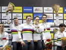Gold medallists Roy van den Berg, Harrie Lavreysen, Matthijs Buchli and Jeffrey Hoogland of the Netherlands celebrate on the podium on February 26, 2020