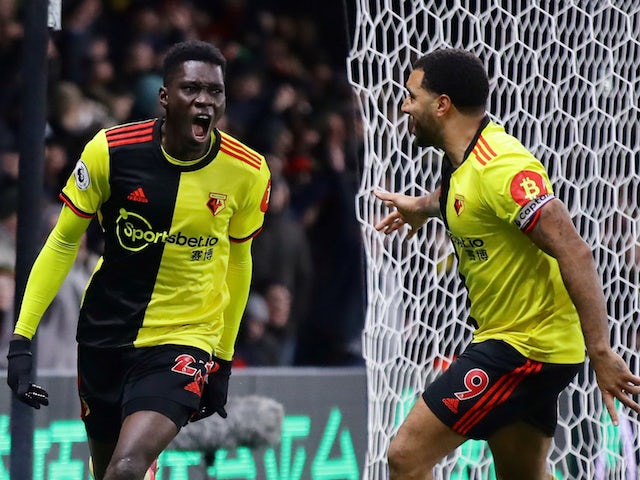 Watford's Ismaila Sarr celebrates scoring their first goal on February 29, 2020