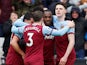 West Ham United's Michail Antonio celebrates scoring their third goal with Declan Rice and teammates on February 29, 2020