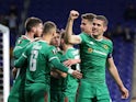 Wolverhampton Wanderers' Matt Doherty celebrates scoring their second goal with Conor Coady and teammates on February 27, 2020