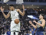 Milwaukee Bucks forward Giannis Antetokounmpo (34) reacts after dunking against Indiana Pacers forward Doug McDermott (20) in the fourth quarter at Fiserv Forum on March 5, 2020