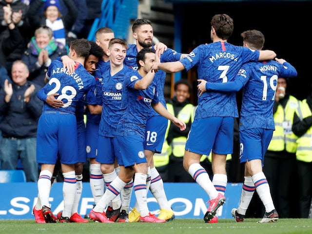 Chelsea's Willian celebrates scoring their third goal with teammates on March 8, 2020