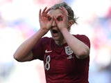 England forward Ellen White (18) celebrates her goal against Japan during the second half of a match in the 2020 She Believes Cup soccer series at Red Bull Arena on March 8, 2020