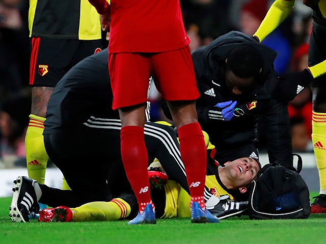 Watford's Gerard Deulofeu receives medical attention after sustaining an injury on February 29, 2020