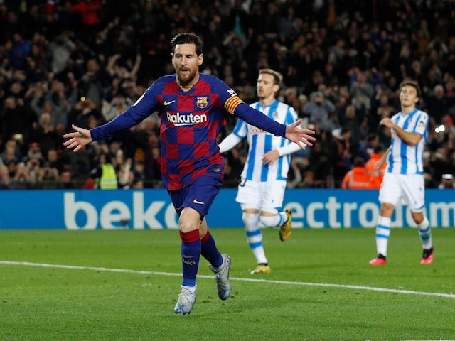 Barcelona's Lionel Messi celebrates scoring their first goal on March 7, 2020