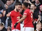 Manchester United's Anthony Martial celebrates scoring their first goal with Bruno Fernandes on March 8, 2020