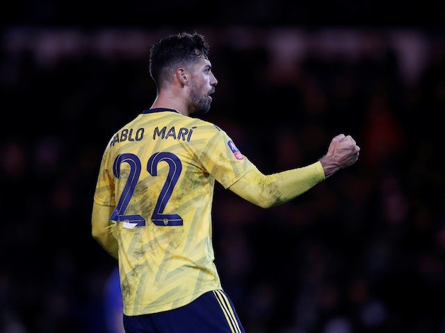 Arsenal's Pablo Mari celebrates at the end of the match on March 2, 2020