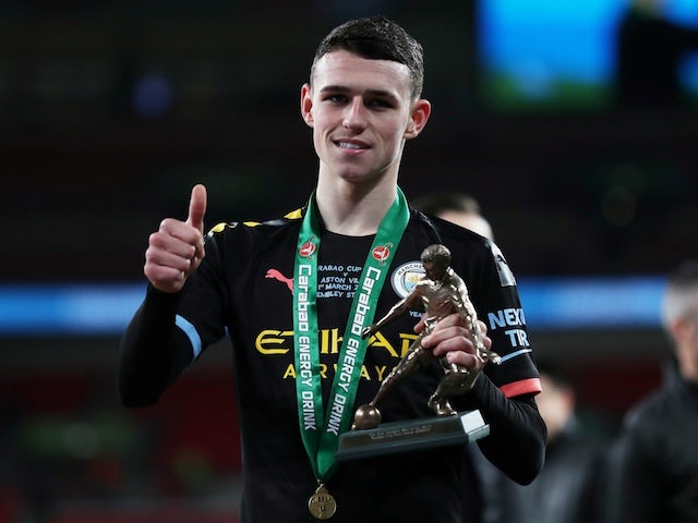 Manchester City midfielder Phil Foden celebrates after winning the EFL Cup on March 1, 2020
