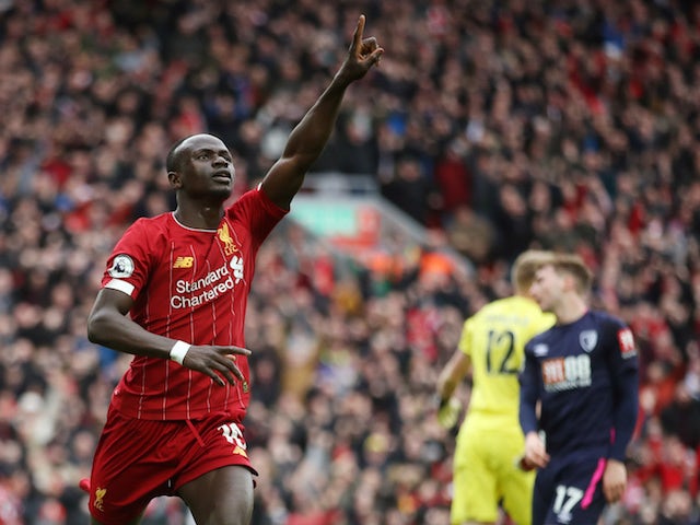 Liverpool's Sadio Mane celebrates scoring their second goal on March 7, 2020