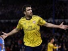 Arsenal's Sokratis Papastathopoulos celebrates scoring their first goal on March 2, 2020