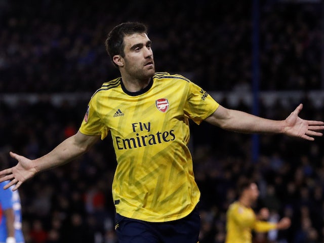 Arsenal's Sokratis Papastathopoulos celebrates scoring their first goal on March 2, 2020