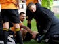 Wolverhampton Wanderers' Jonny receives medical attention after sustaining an injury in February 2020
