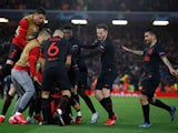 Atletico Madrid midfielder Marcos Llorente celebrates scoring against Liverpool in the Champions League on March 11, 2020