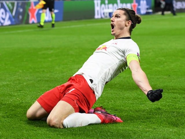 RB Leipzig's Marcel Sabitzer celebrates scoring their first goal on March 10, 2020