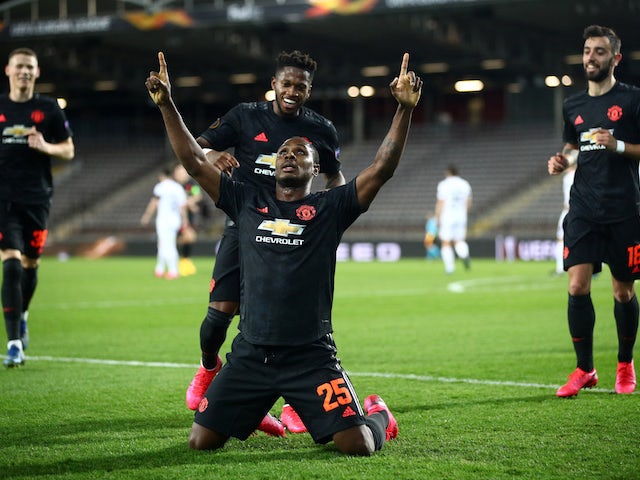 Manchester United's Odion Ighalo celebrates scoring their first goal on March 12, 2020