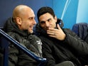 Manchester City manager Pep Guardiola and assistant coach Mikel Arteta before the match in November 2019
