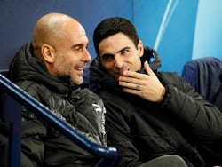 Manchester City manager Pep Guardiola and assistant coach Mikel Arteta before the match in November 2019