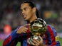 Ronaldinho celebrates winning the Ballon d'Or in 2005
