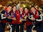 Olympic womens curling champions Great Britain, Fiona MacDonald (L), Janice Rankin (2L), Debbie Knox (2R), Rhona Martin (3L) and Margaret Morton pose during medal ceremonies at the Salt Lake 2002 Winter Olympic Games February 21, 2002