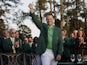 Danny Willett celebrates in the green jacket after winning the 2016 The Masters golf tournament at Augusta National Golf Club