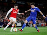 Arsenal's Hector Bellerin in action with Olympiacos's Kostas Tsimikas in the Europa League on February 27, 2020