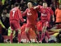 Liverpool players celebrate scoring in the 2001 UEFA Cup semi-final against Barcelona