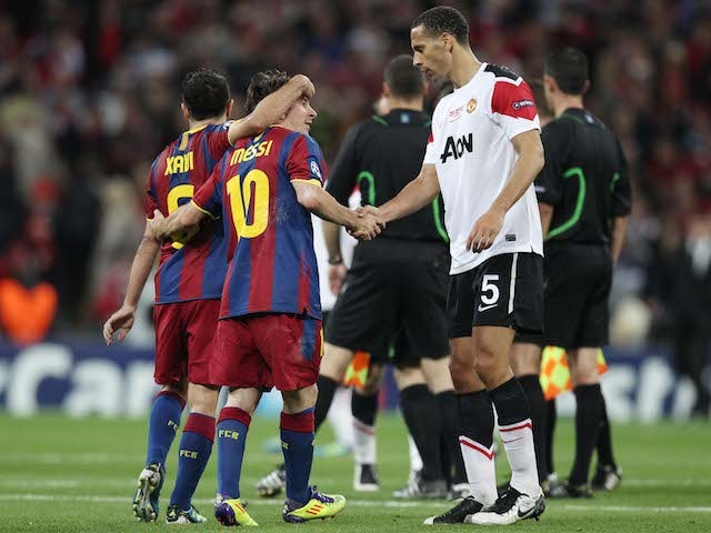 Barcelona's Lionel Messi shakes hands with Manchester United's Rio Ferdinand after winning the Champions League final